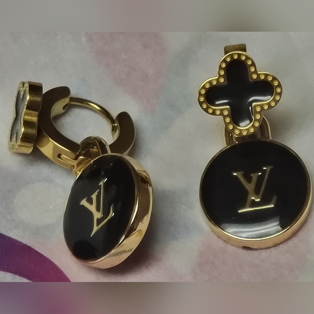 Black Enamel & Gold LV double Sided Zip Pulls  Earings, New